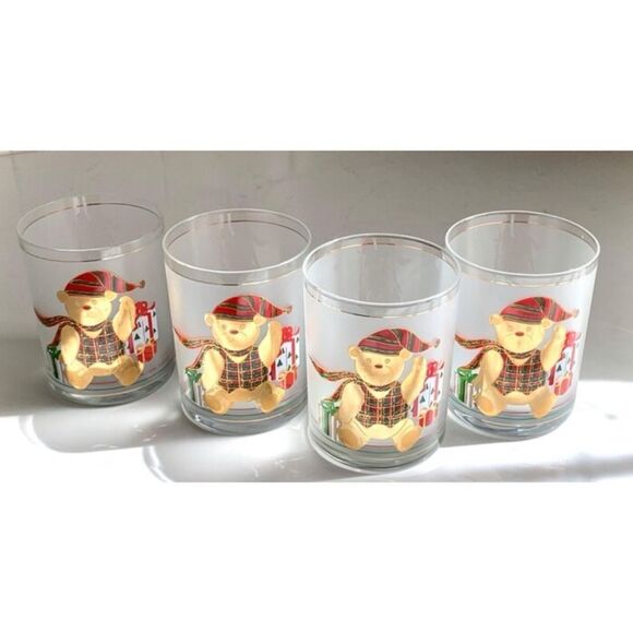 Culver 1960’s Set of 4 Yule Bear Rocks Glasses  22k Gold Christmas Teddy Bear - Picture 2 of 4